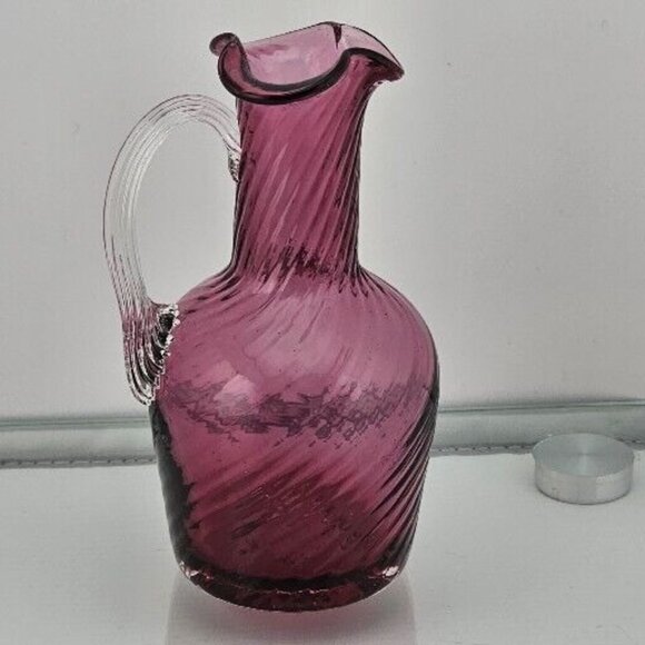 Pilgrim Cranberry Glass Vase Pitcher 5" ruffled rim swirl texture smooth pontil - Picture 3 of 8